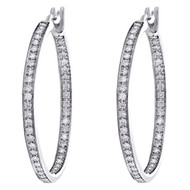 14K White Gold Pave Set Round Diamond Hoop In & Out 37mm Ladies Earrings 1 CT.