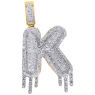 10K Yellow Gold Diamond K Initial Bubble Drip Pendant Pave Dome Charm 0.75 CT.