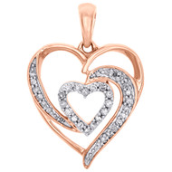 10K Rose Gold Diamond Swirl Double Heart Pendant Love Charm 0.85" Long 0.16 CT.