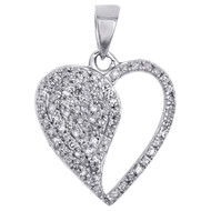 10K White Gold Real Diamond Heart Pendant 0.80" Fany Statement Pave Charm 1/3 CT