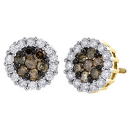 14K Yellow Gold Brown Diamond Flower Studs Round 9.35mm Halo Earrings 1 Ct.