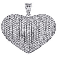 14K White Gold Round Cut Diamond Puff Heart Pendant 1.10" Domed Pave Charm 2 CT.
