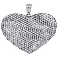 14K White Gold Round Cut Diamond Puff Heart Pendant 1.20" Domed Pave Charm 3 CT.