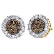 14K Yellow Gold Brown Diamond Flower Studs 10.30mm Ladies Halo Earrings 1.50 Ct.