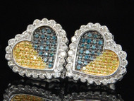 Blue Yellow Diamond Heart Earrings Ladies 10K White Gold Round Studs 0.52 Tcw.