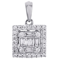 14K White Gold Round & Baguette Diamond Mystery Set Square Halo Pendant 0.20 Ct.