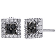 10K White Gold Black Diamond Stud Ladies 6.75mm Square Halo Earrings 1/4 Ct.