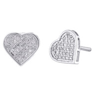925 Sterling Silver Round Diamond Ladies Heart Studs 9.75mm Pave Earrings 1/6 CT