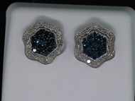 Blue Diamond Flower Earrings Ladies 10K White Gold Round Pave Design Stud 3/4 Ct