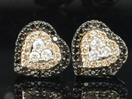 Brown & Black Diamond Heart Earrings Ladies 14K White Gold Round Studs 1/2 Tcw.