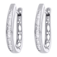 .925 Sterling Silver Baguette Diamond Hoops Ladies Oval Huggie Earrings 0.25 Ct.
