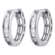 .925 Sterling Silver Baguette Diamond Hoops 0.45" Long Ladies Earrings 0.15 Ct.