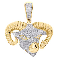 10K Yellow Gold Diamond Aries Rams Horn Zodiac Pendant 1.55" Pave Charm 1.37 CT.