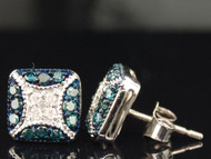 Blue Diamond Studs 10K White Gold Round Pave Square Design Earrings 1/2 Tcw.