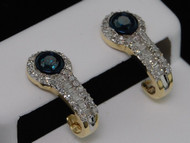 Blue Diamond Solitaire Earrings Ladies 10K Yellow Gold Baguette Huggies 0.65 Tcw
