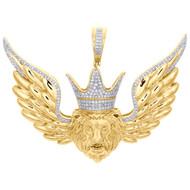 10K Yellow Gold Diamond Lion Face Crown Hat King Pendant 2.25" Pave Charm 1/2 CT