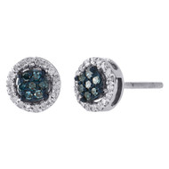 10K White Gold Blue Diamond Halo Flower Cluster 6.85mm Stud Earrings 0.25 Ct.