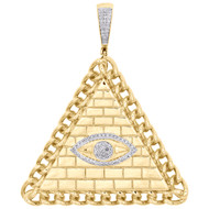 10K Yellow Gold Evil Eye Pyramind Cuban Link Border Pendant 2.10" Charm 1/5 CT.