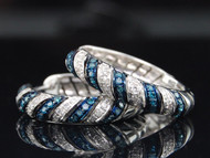 10K LADIES WHITE GOLD .50 CT BLUE & WHITE DIAMOND HUGGIES HOOPS EARRING STUDS