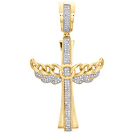 10K Yellow Gold Real Diamond Cuban Link Cross Pendant 2.15" Pave Charm 3/8 CT.