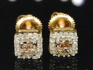 14K LADIES YELLOW GOLD BROWN PRINCESS CUT Champagne DIAMOND EARRINGS STUDS .30CT