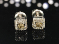 14K LADIES WHITE GOLD BROWN PRINCESS CUT CHAMPAGNE DIAMOND EARRINGS STUDS .30CT