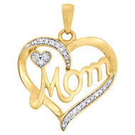 10K Yellow Gold Genuine Round Diamond Mom Double Heart Pendant 1" Charm 1/8 CT.
