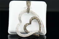 Ladies 10K White Gold Double Heart Love Brown Diamond Pendant Charm 1.15 Ct.