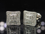 Diamond Square Earrings Ladies 10K White Gold Round Pave Studs 0.15 Tcw.