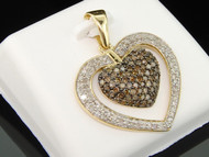 Brown Diamond Heart Pendant 10K Yellow Gold Round Pave Love Charm 0.99 Tcw.