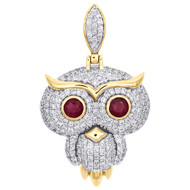14K Yellow Gold Diamond Owl Pendant Genuine Ruby Eyes 1.65" Charm 1.75 CT. T.W.