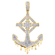 10K Yellow Gold Diamond Ship Anchor Cross Drip Pendant 1.95" Pave Charm 1/2 CT.