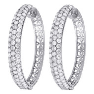 Diamond 3 Row Earrings Ladies 14K White Gold Round Pave Fashion Hoops 4.17 Tcw.