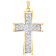 10K Yellow Gold Real Diamond Cross Concave Frame Pendant 1.6" Pave Charm 1/2 CT.