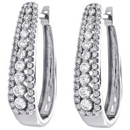 10K White Gold Round Diamond Prong Set Tiered Hoop Earrings 24mm Huggie 0.87 CT.