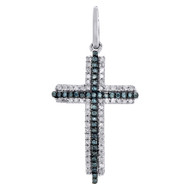 10K White Gold Blue Diamond Domed Cross Pendant Ladies Charm  1/4 CT.