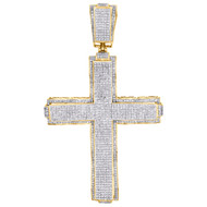 10K Yellow Gold Diamond Stacked Double Cross Large Pendant 4" Pave Charm 2.5 CT.