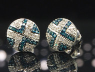 Blue Diamond Circle Earrings Ladies 10K White Gold Round Pave Design Stud .20 Ct