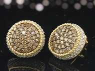 Brown Diamond Earrings Ladies 10K Yellow Gold Round 3D Pave Studs 1.30 Tcw.