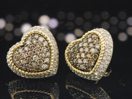 Ladies 10K Yellow Gold Love Heart Brown Champagne Diamond Studs Earrings 1.30 Ct