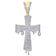 10K Yellow Gold Mens Genuine Diamond Cross Pendant 2.35" Pave Drip Charm 1 CT.