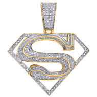 10K Yellow Gold Mens Diamond Superman Shield Logo Pendant 1.40" Charm 0.60 CT.