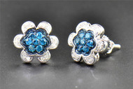 0.22 CT Blue & White Diamond Studs 10K White Gold Flower Shape Pave Earrings