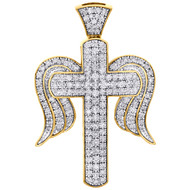 10K Yellow Gold Diamond Cross & Angel Wings Pendant 1.60" Pave Charm 1.50 CT.