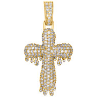 10K Yellow Gold Mens Diamond 3D Dome Drip Cross Pendant 1.70" Pave Charm 1.70 CT