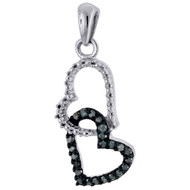 Blue Diamond Double Heart Pendant 10K White Gold Charm Necklace .15 CT.