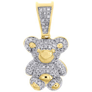 10K Yellow Gold Real Diamond Teddy Bear Pendant 0.90" Ladies Pave Charm 1/4 CT.