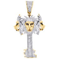10K Yellow Gold Diamond Three Lion Face Head Key Pendant 1.85" Charm 0.70 CT.
