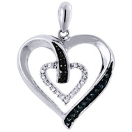 10k White Gold Blue Black Diamond Double Heart Pendant  Necklace 0.16 CT.