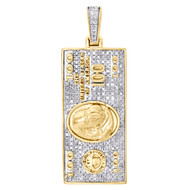10K Yellow Gold Diamond $100 One Hundred Dollar Bill Pendant 1.6" Charm 0.45 CT.
